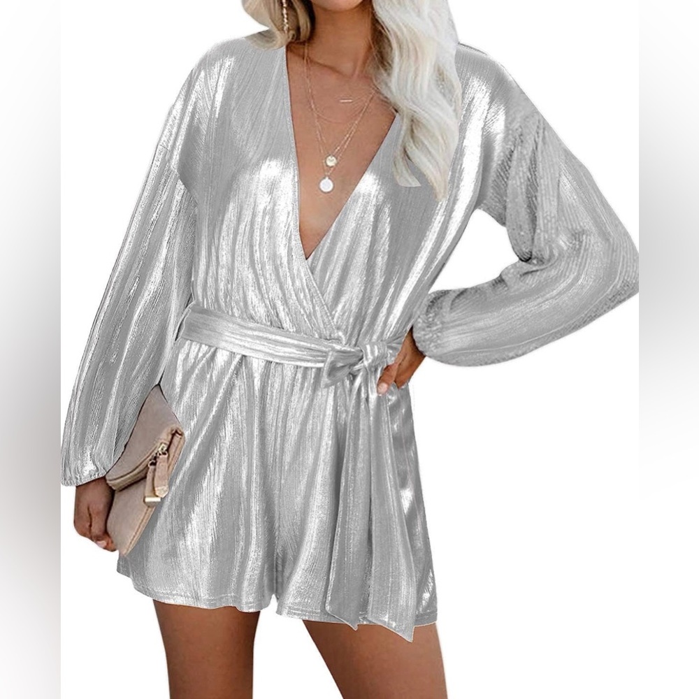 Long Sleeve V Neck Metallic Party Romper